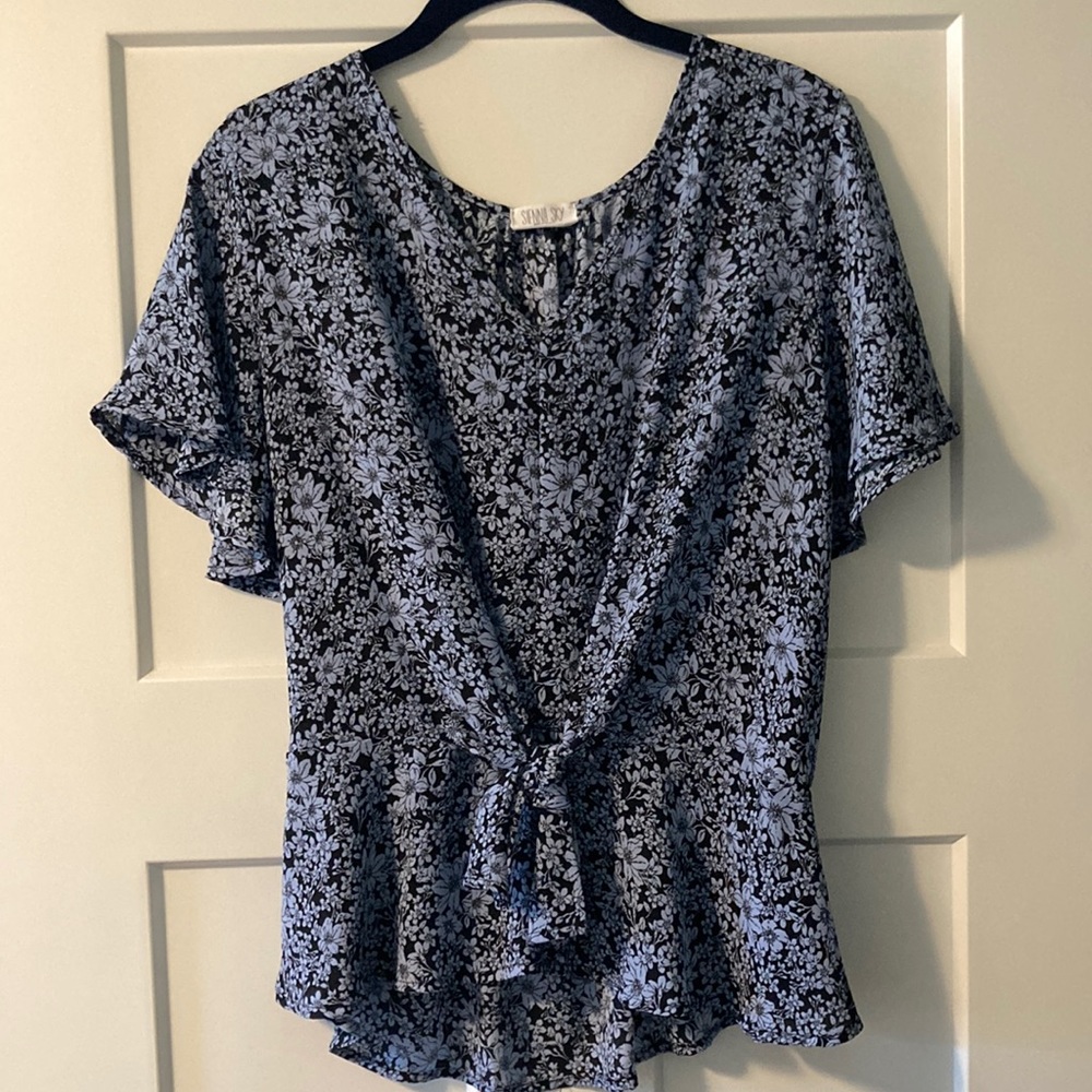 Blue and black tie blouse